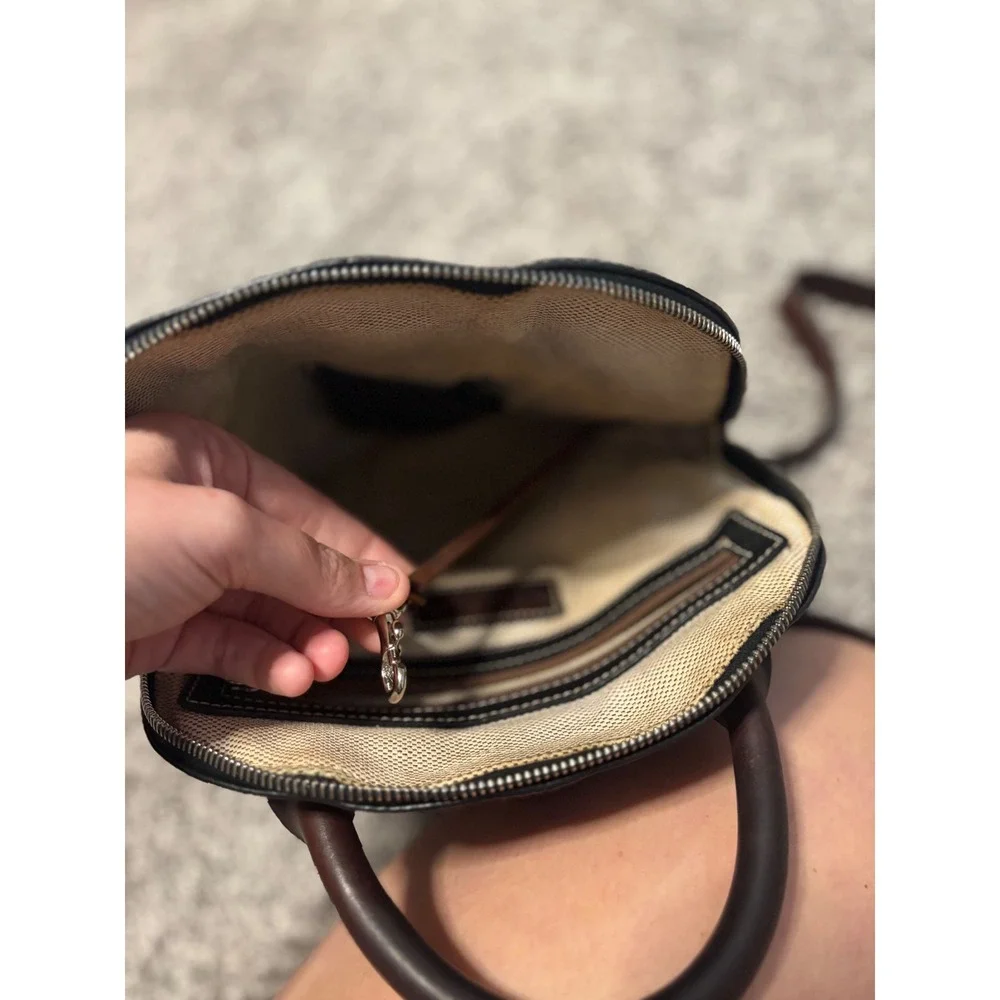 Dooney & Bourke Vintage Black Pebbled Leather Dome Backpack Brown Straps